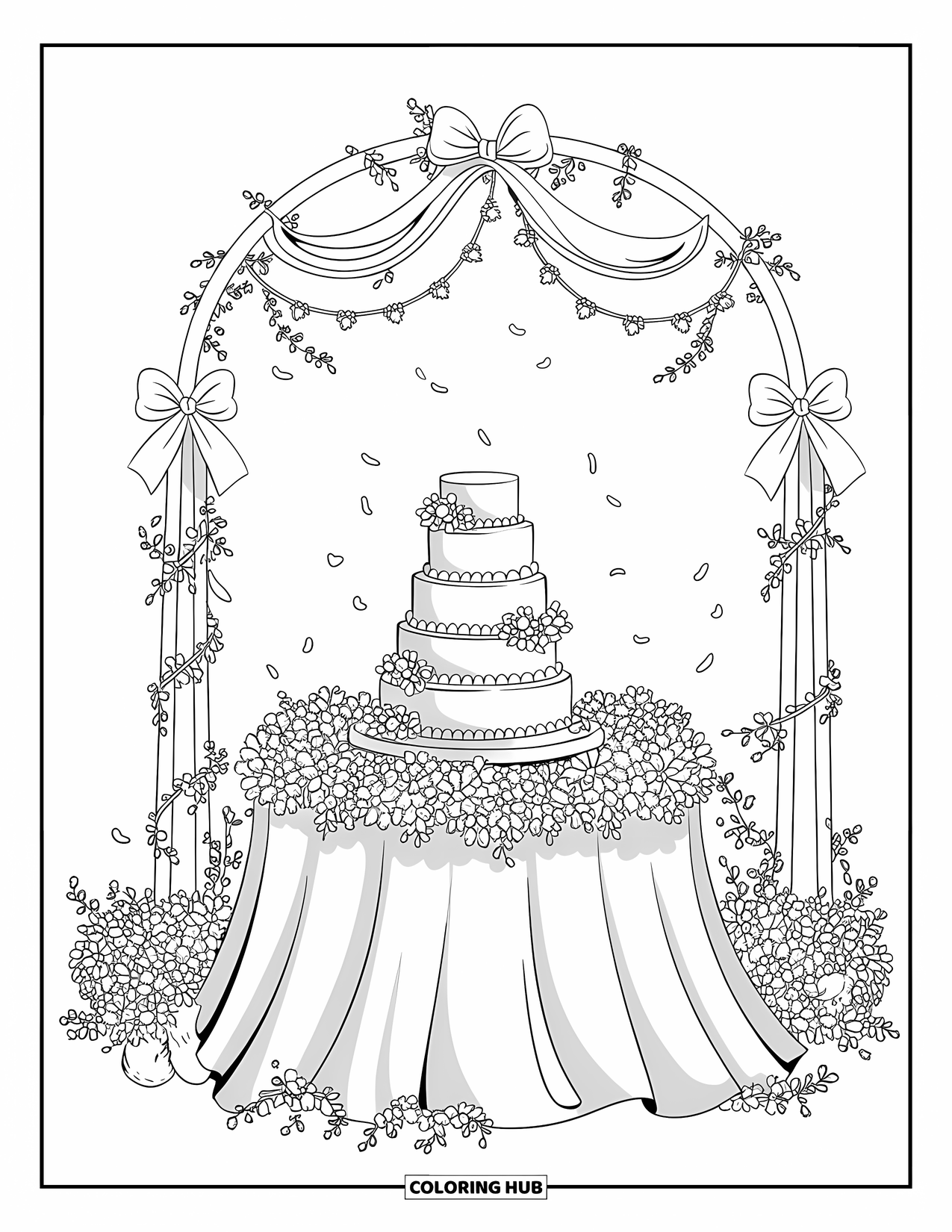 Wedding Cake Coloring Page for Adults: A floral garden wedding cake display with an elegantly draped table and blooming flowers
