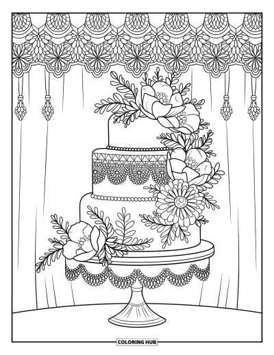 Wedding Cake Coloring Page for Adults: A floral wedding cake with fondant lace details placed on a silver stand with vintage decor