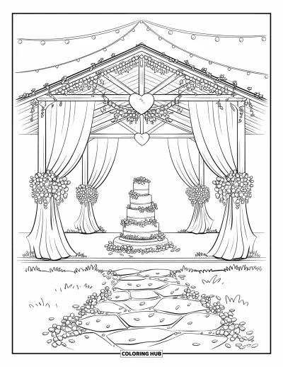 Wedding Cake Coloring Page for Adults: A garden pavilion wedding cake display with draping fabric, floral garlands, and string lights