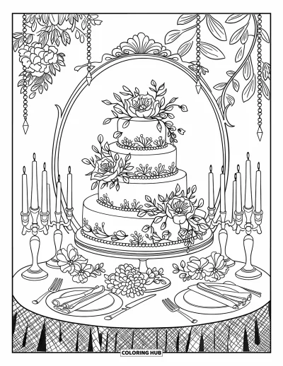 Wedding Cake Coloring Page for Adults: A grand wedding cake with floral details surrounded by candles, lace, and crystal elements