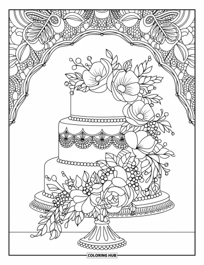 Wedding Cake Coloring Page for Adults: A luxurious wedding cake with cascading flowers, lace details, and pearl-like accents