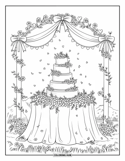 Wedding Cake Coloring Page for Adults: A multi-tiered wedding cake surrounded by flowers, delicate vines, and a decorative arch