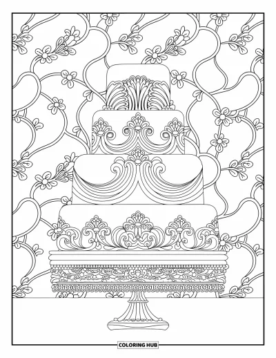 Wedding Cake Coloring Page for Adults: A multi-tiered wedding cake with delicate filigree details on a decorative stand
