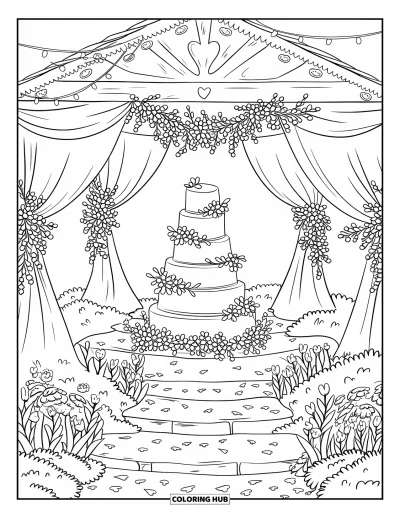 Wedding Cake Coloring Page for Adults: A romantic garden pavilion wedding cake setup with heart carvings, floral garlands, and lights