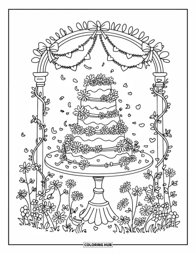 Wedding Cake Coloring Page for Adults: A romantic garden wedding cake setup with a floral arch, vines, and heart garlands