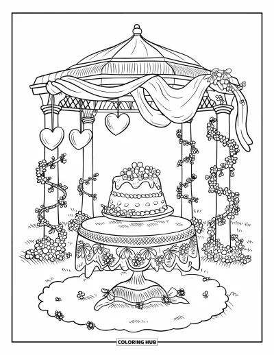 Wedding Cake Coloring Page for Adults: A romantic gazebo wedding cake display with floral details, ribbon bows, and glowing lanterns