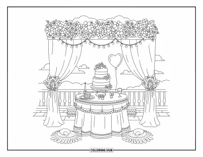 Wedding Cake Coloring Page for Adults: A romantic rooftop wedding cake setup with a floral canopy, string lights, and a heart balloon