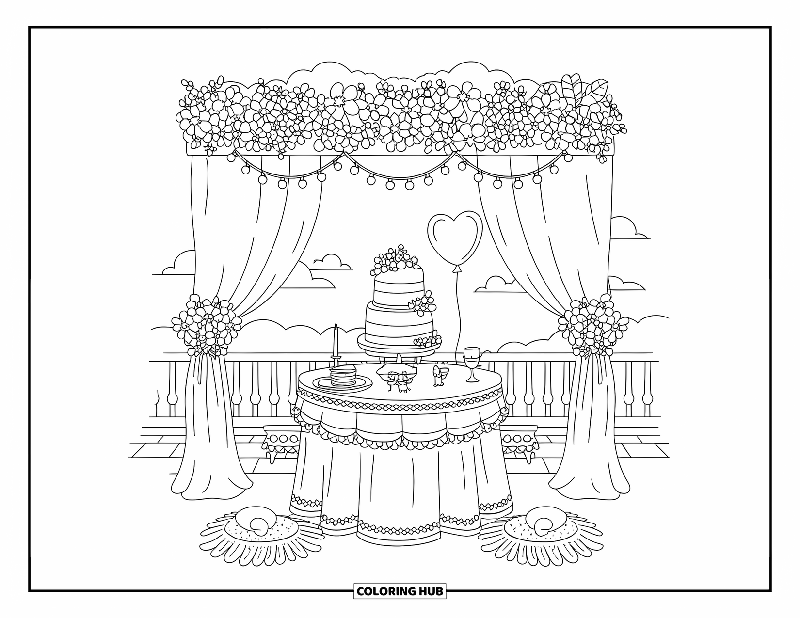Wedding Cake Coloring Page for Adults: A romantic rooftop wedding cake setup with a floral canopy, string lights, and a heart balloon