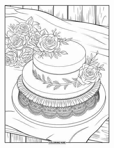 Wedding Cake Coloring Page for Adults: A romantic wedding cake with lace details and swirling vine patterns on a wooden table