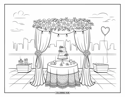 Wedding Cake Coloring Page for Adults: A rooftop terrace wedding scene with a wedding cake, floral canopy, and glowing city skyline
