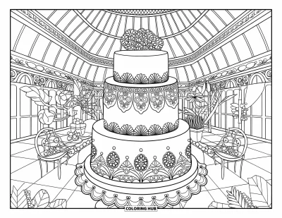 Wedding Cake Coloring Page for Adults: A tiered wedding cake with intricate patterns inside a lush, plant-filled greenhouse venue