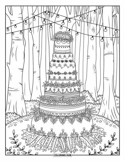 Wedding Cake Coloring Page for Adults: A towering wedding cake in an enchanted forest setting with fairy lights and lush trees