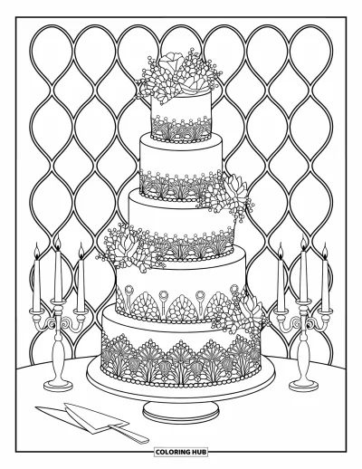 Wedding Cake Coloring Page for Adults: A towering wedding cake with lace-inspired patterns, floral designs, and elegant filigree