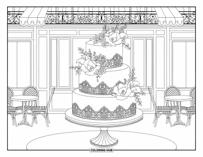 Wedding Cake Coloring Page for Adults: A vintage-inspired wedding cake with floral patterns in a Parisian-style café setting