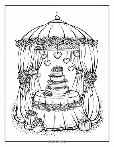 Wedding Cake Coloring Page for Adults: A wedding cake in a gazebo setting with elegant fabric drapes, lanterns, and floral arrangements