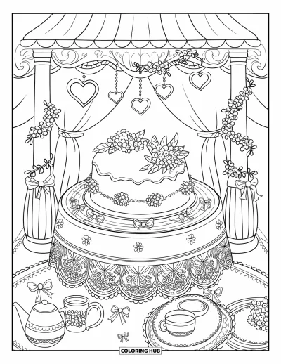 Wedding Cake Coloring Page for Adults: A wedding cake inside a beautifully decorated gazebo with flowing fabric and heart lanterns
