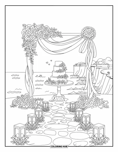 Wedding Cake Coloring Page for Adults: A wedding cake on a seaside cliff, framed by a floral arch with a breathtaking ocean view
