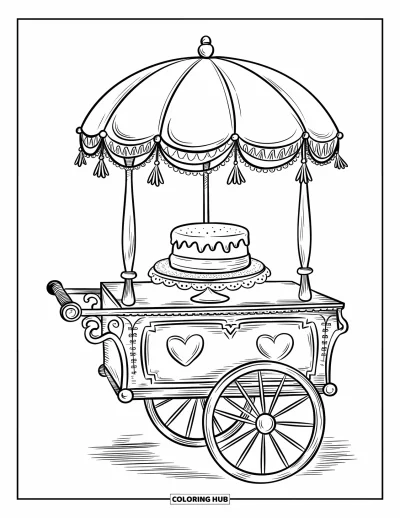 Wedding Cake Coloring Page for Adults: A wedding cake on a vintage dessert cart with decorative bunting and a lace-trimmed doily
