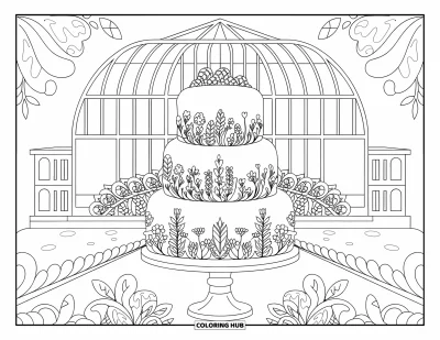 Wedding Cake Coloring Page for Adults: A wedding cake with delicate filigree patterns inside a glass-domed greenhouse wedding venue