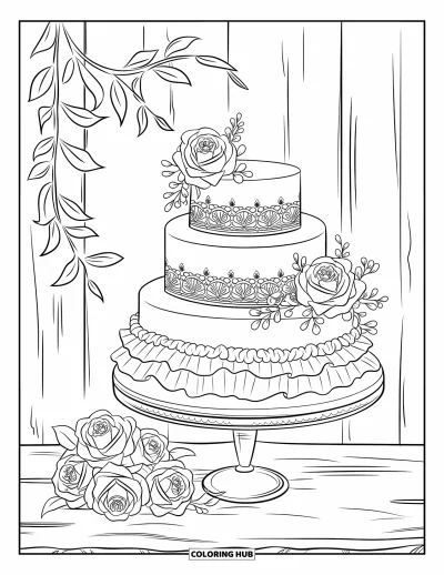 Wedding Cake Coloring Page for Adults: A wedding cake with fine lace details, ruffled fondant layers, and a bouquet of roses