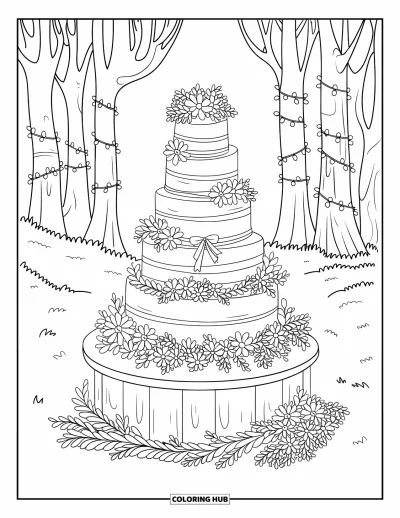 Wedding Cake Coloring Page for Adults: A wedding cake with floral accents in a forest setting with twinkling fairy lights