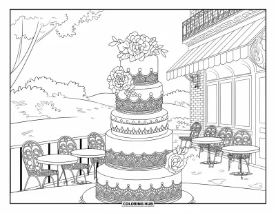 Wedding Cake Coloring Page for Adults: A wedding cake with intricate floral designs set against a charming Parisian café