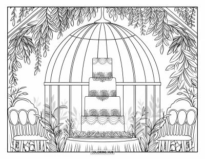 Wedding Cake Coloring Page for Adults: A wedding cake with lace-like details set in a greenhouse with wooden beams and greenery