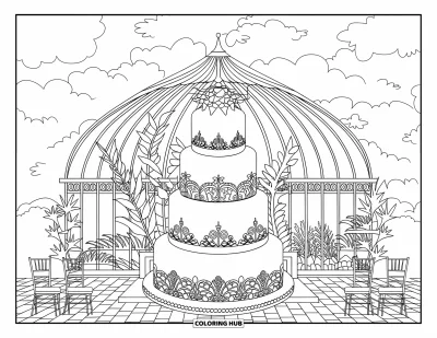 Wedding Cake Coloring Page for Adults: An elegant wedding cake in a greenhouse setting with plants, chairs, and a scenic pathway