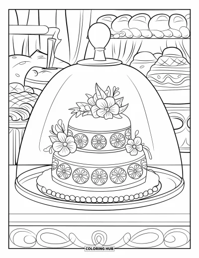 Wedding Cake Coloring Page for Kids: A bakery display features an elegant wedding cake with delicate icing swirls