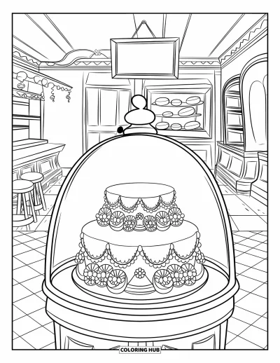 Wedding Cake Coloring Page for Kids: A bakery with wooden shelves displays a wedding cake with floral decorations