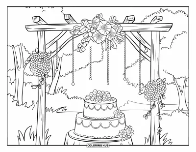 Wedding Cake Coloring Page for Kids: A beautifully detailed wedding cake sits on a wooden stand in a garden setting