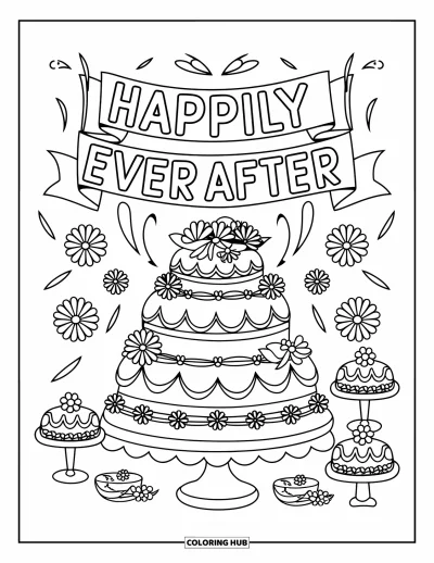 Wedding Cake Coloring Page for Kids: A bold wedding cake with floral details stands beneath a celebratory banner