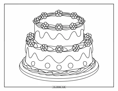 Wedding Cake Coloring Page for Kids: A cake with bold floral accents and a smooth wavy border rests on a plate