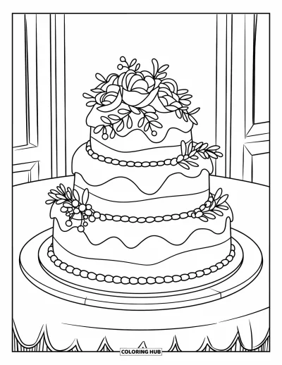 Wedding Cake Coloring Page for Kids: A cake with smooth frosting and tiny pearl decorations is displayed elegantly