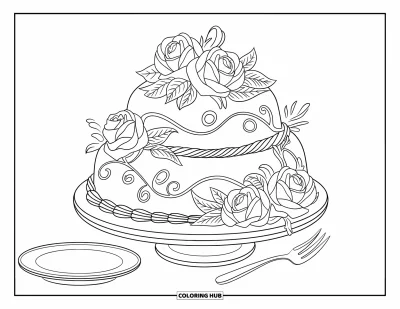 Wedding Cake Coloring Page for Kids: A cake with swirling vine patterns, roses, and elegant flourishes sits on a stand