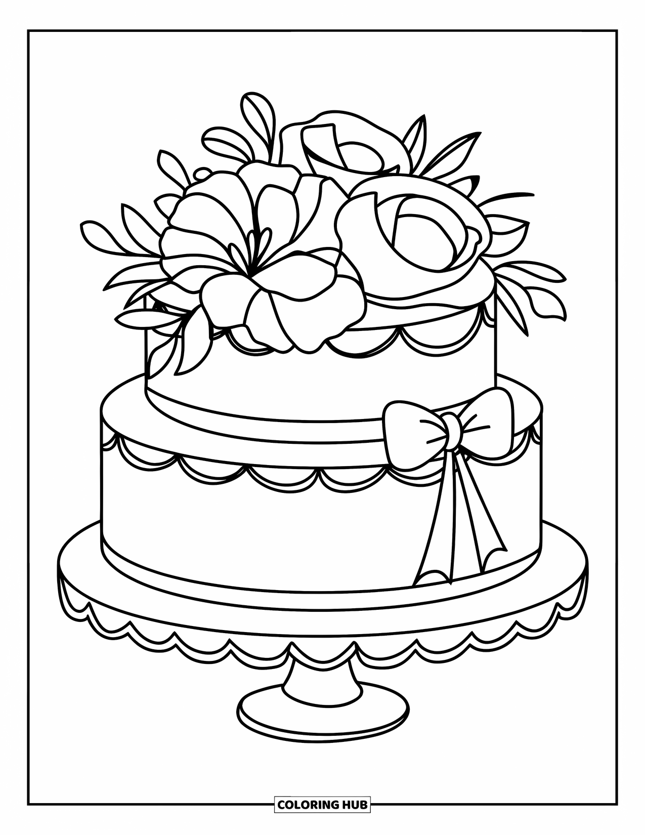 Wedding Cake Coloring Page for Kids: A charming wedding cake with floral accents sits on a simple white stand
