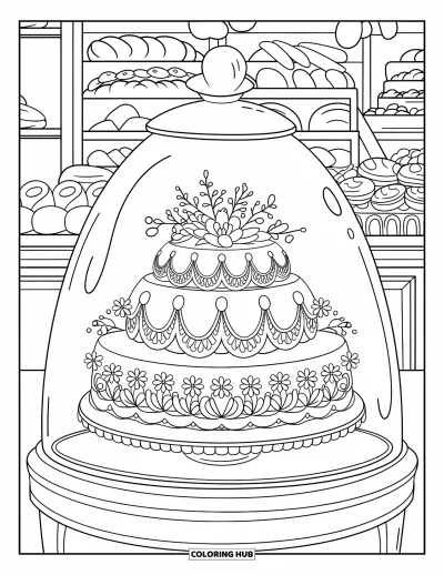 Wedding Cake Coloring Page for Kids: A cozy bakery showcases a wedding cake with floral piping inside a glass display case