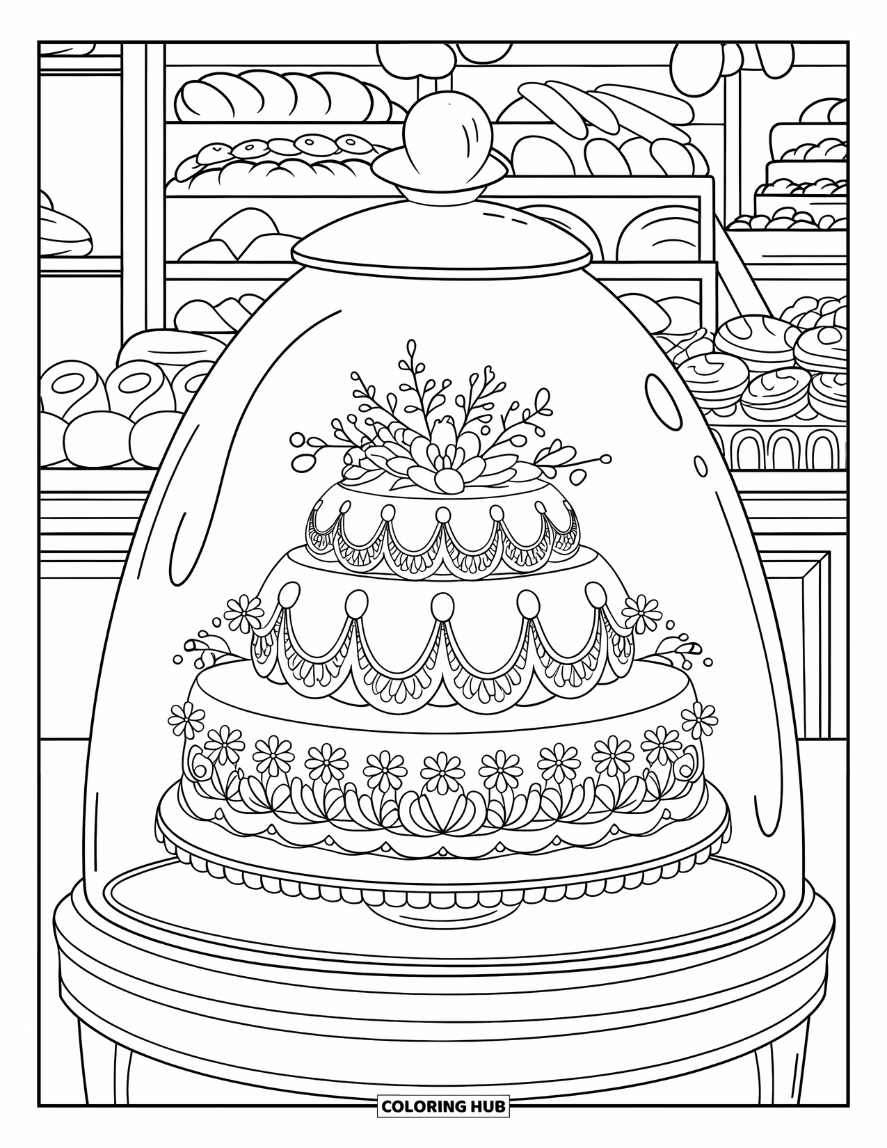 Wedding Cake Coloring Page for Kids: A cozy bakery showcases a wedding cake with floral piping inside a glass display case