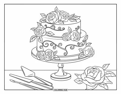 Wedding Cake Coloring Page for Kids: A decorated cake with intricate vine patterns and roses is placed on a wooden stand
