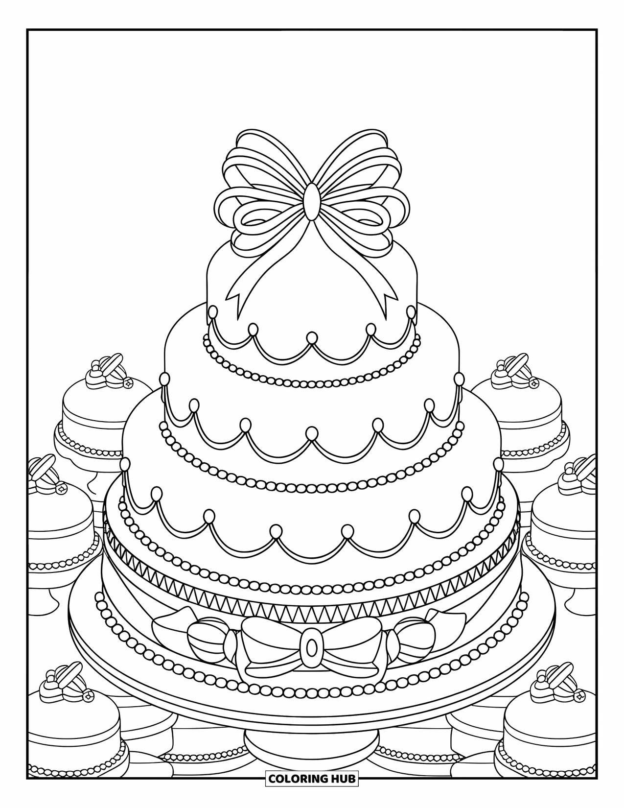Wedding Cake Coloring Page for Kids: A decorated wedding cake with a pearl border and candles sits on a stand