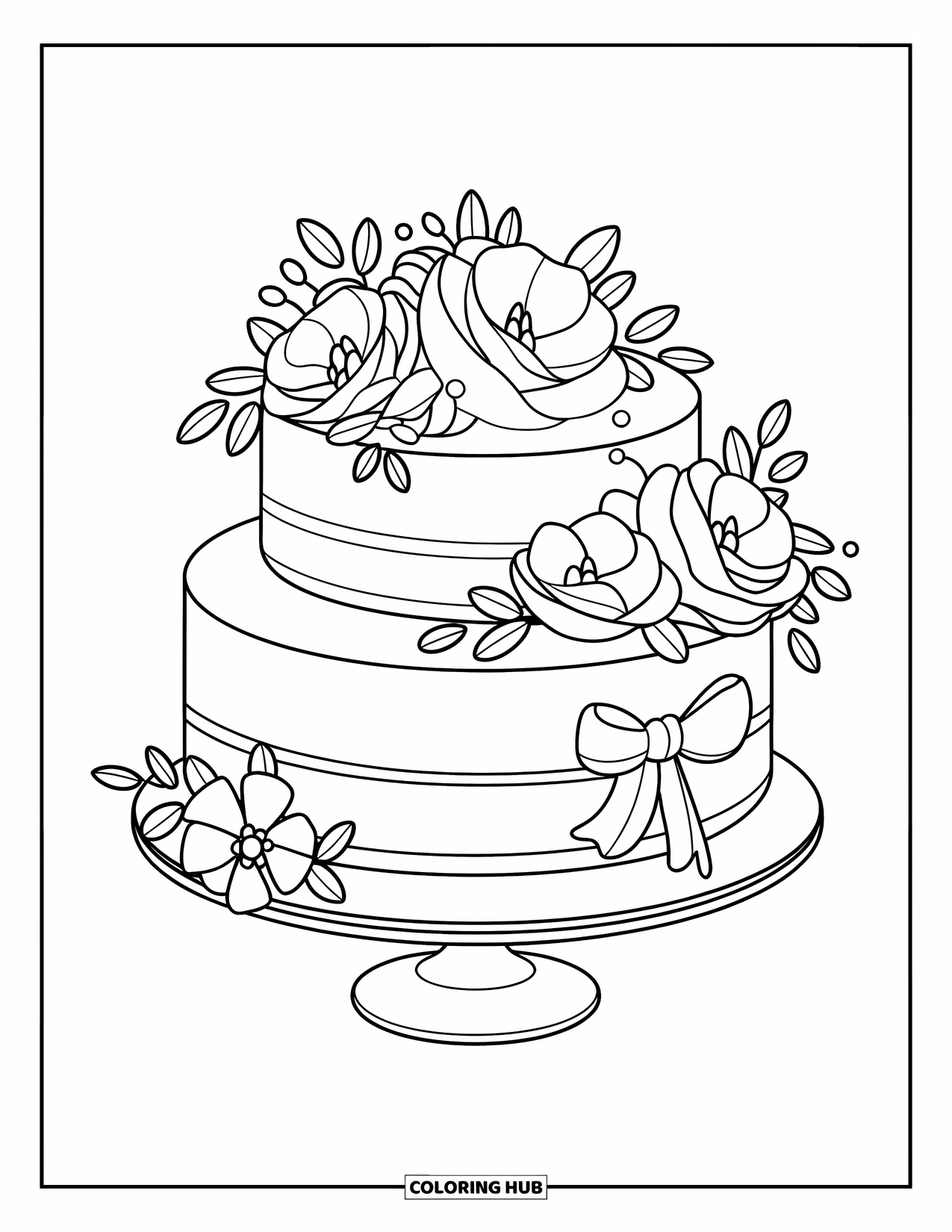 Wedding Cake Coloring Page for Kids: A decorated wedding cake with flowers and a bow sits on a pedestal