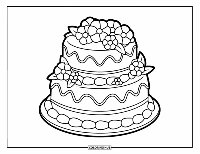 Wedding Cake Coloring Page for Kids: A decorative cake with flowers and wavy icing sits on a simple plate