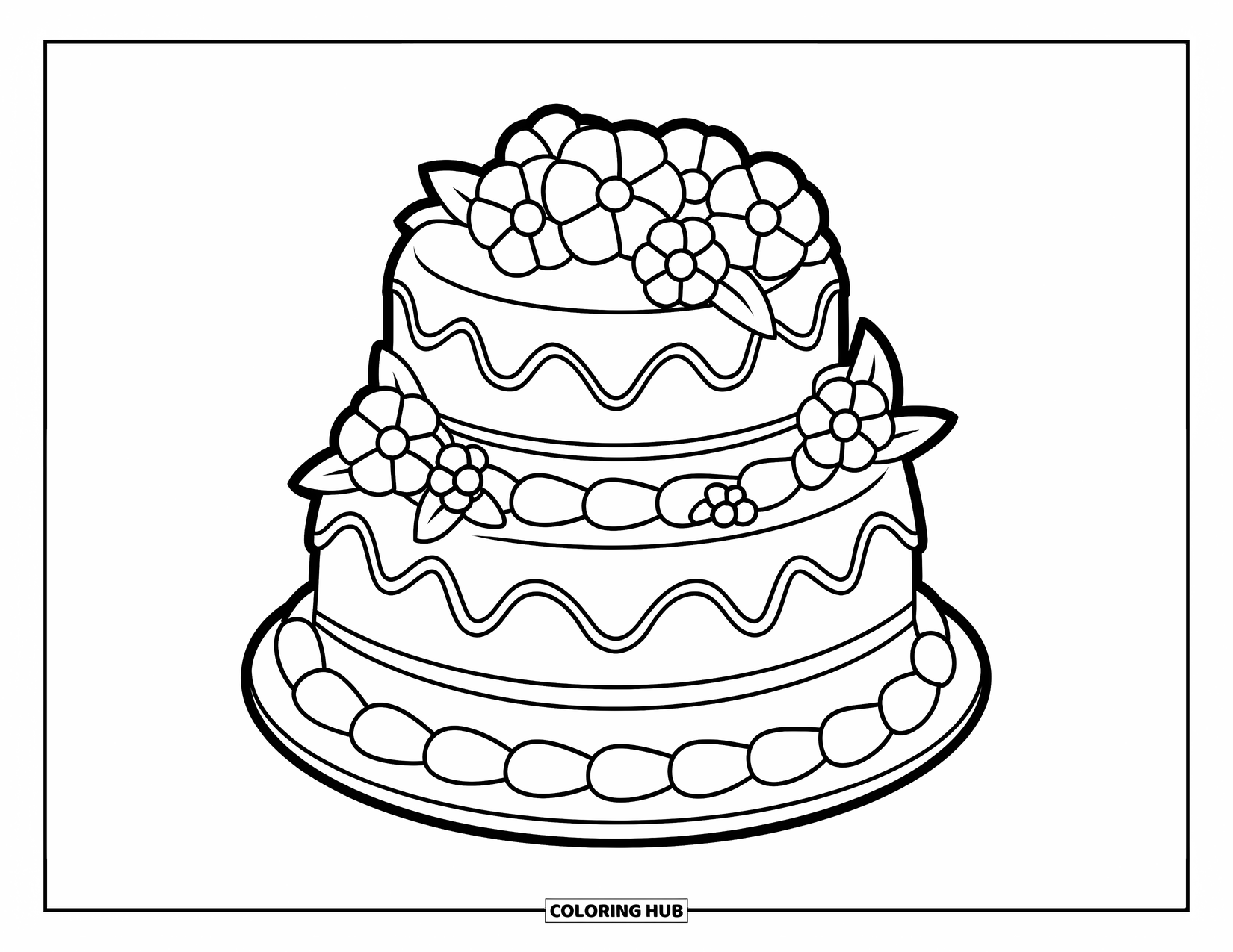 Wedding Cake Coloring Page for Kids: A decorative cake with flowers and wavy icing sits on a simple plate