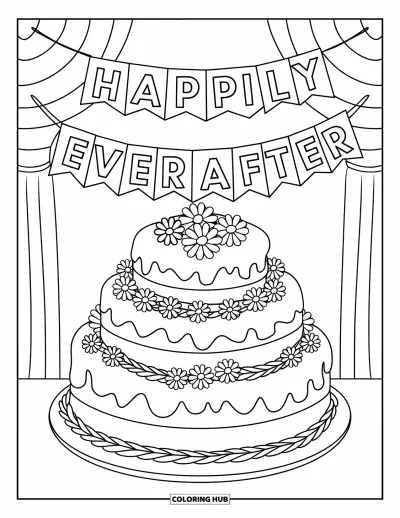 Wedding Cake Coloring Page for Kids: A festive wedding cake with intricate designs sits under a decorative banner