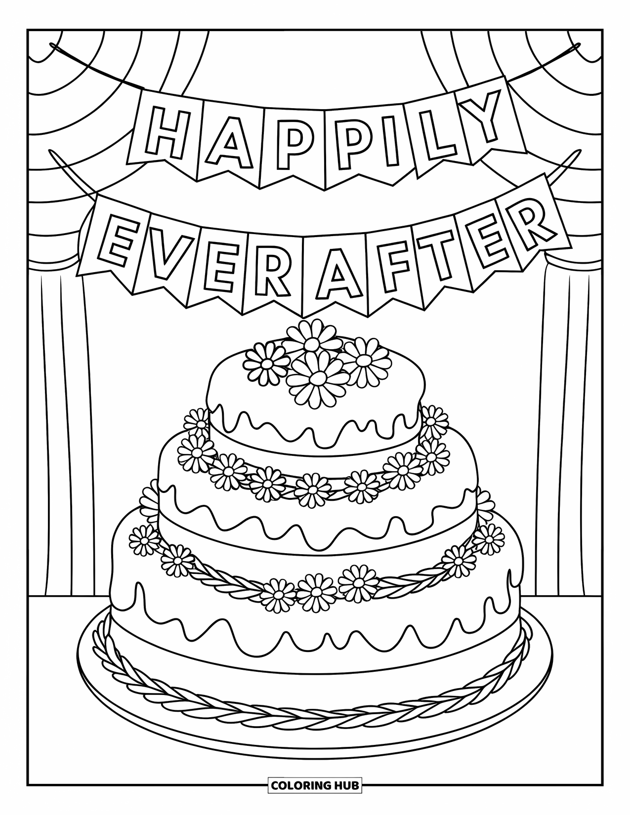 Wedding Cake Coloring Page for Kids: A festive wedding cake with intricate designs sits under a decorative banner