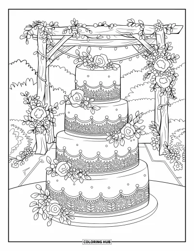 Wedding Cake Coloring Page for Kids: A five-tier wedding cake with lace piping and pearls stands in a fairy-lit garden