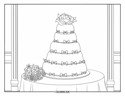Wedding Cake Coloring Page for Kids: A floral-adorned wedding cake sits on a table, surrounded by chairs