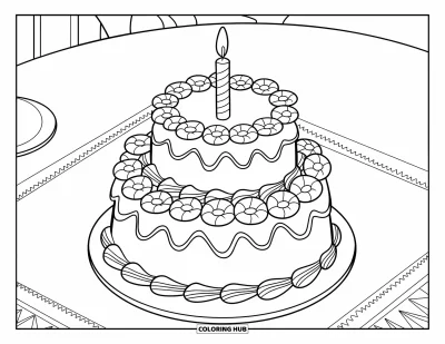 Wedding Cake Coloring Page for Kids: A floral-adorned wedding cake with a candle topper sits on a round stand
