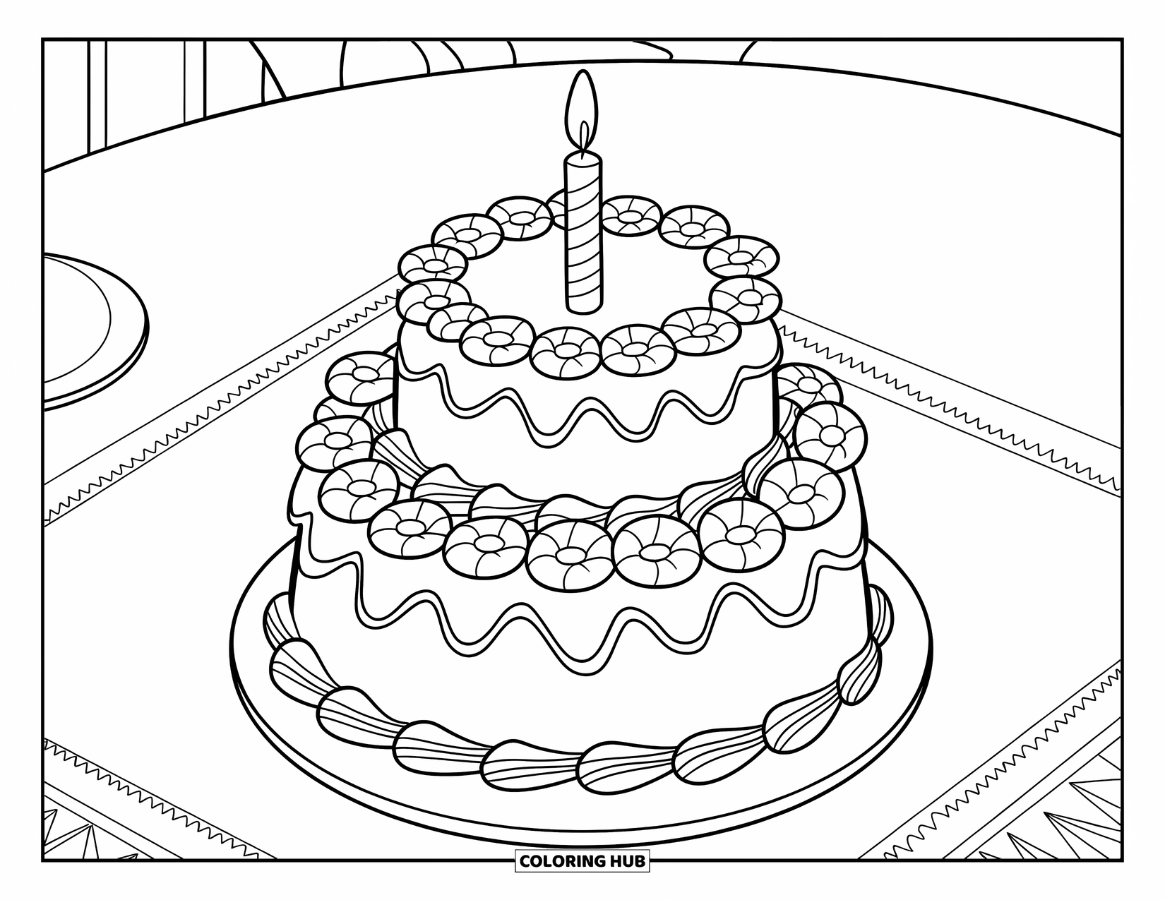 Wedding Cake Coloring Page for Kids: A floral-adorned wedding cake with a candle topper sits on a round stand