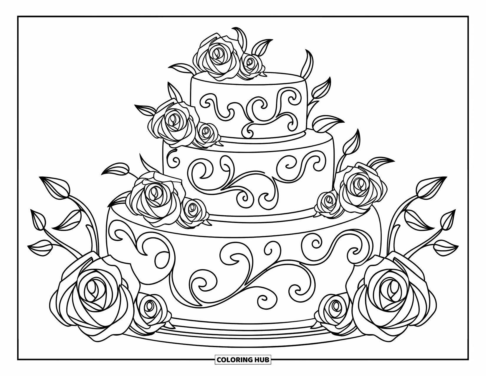 Wedding Cake Coloring Page for Kids: A floral-patterned cake sits on a plate surrounded by rose stems